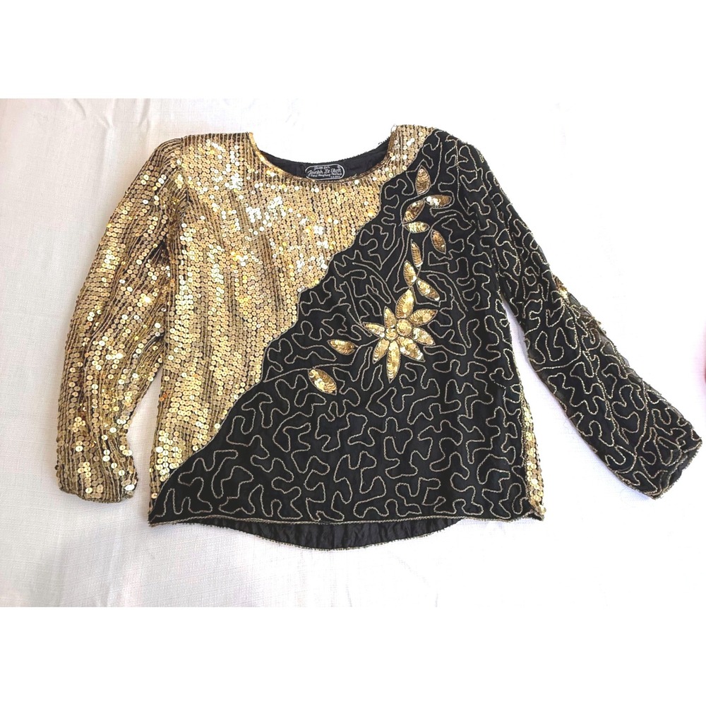 Vintage Joseph Le Bon Pure Silk Sequin Beaded Top Small Black Gold 80s‎